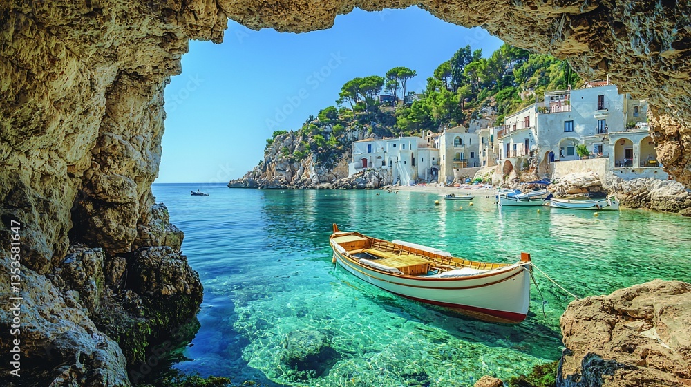 Obraz premium Idyllic coastal village seen from a cave, boat in crystal-clear water.