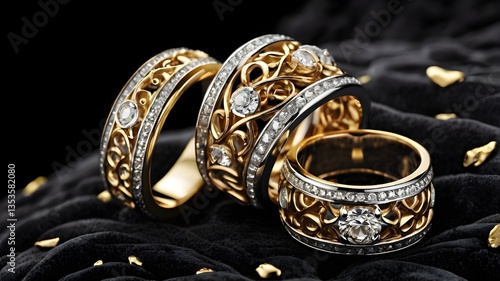 A high-quality macro shot of golden and silver rings with intricate gemstone details, arranged on black velvet stands, in a glamorous jewelry store setting, Generative Ai
