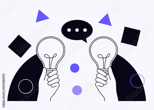 Idea Exchange Illustration: Two hands holding lit lightbulbs, representing the exchange of ideas and innovation, paired with a speech bubble, geometric shapes, and vibrant colors