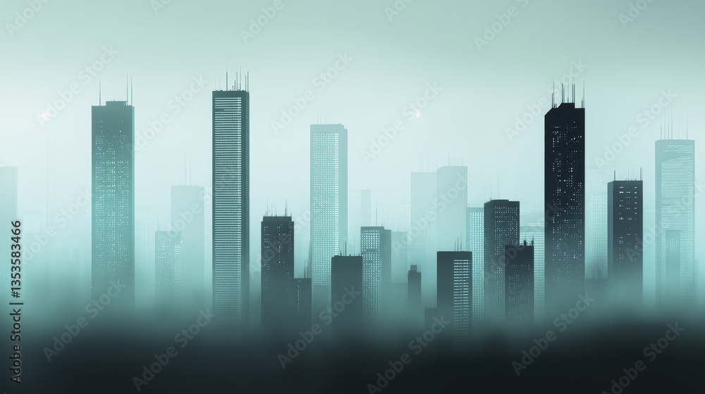 Fototapeta premium towering dystopian futuristic cityscape shrouded in mist, showcasing sleek skyscrapers and mysterious atmosphere