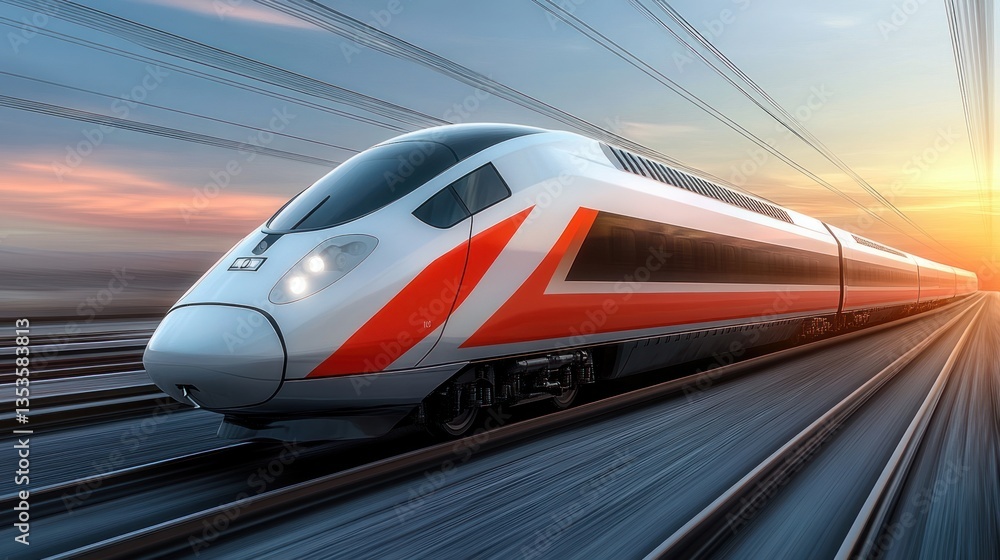 Fototapeta premium High-Speed Train at Sunset: A Journey of Modern Transportation