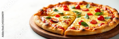Hot and gooey cheese pizza with various toppings on a white background, appetizing, cheesy, pepperoni
