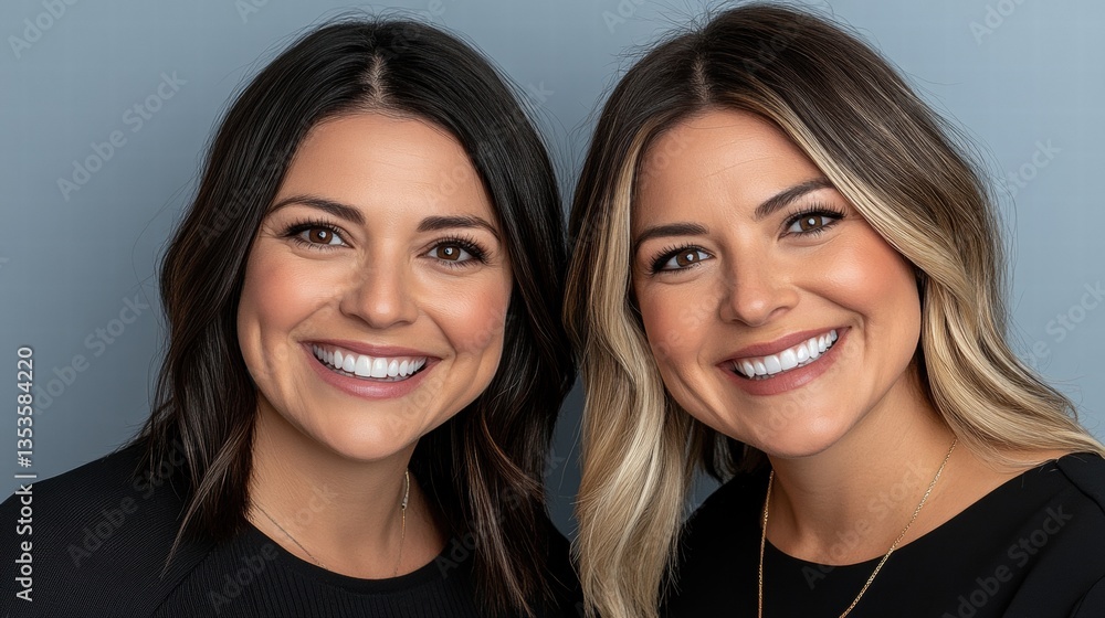 Two women smiling broadly at each other, radiating joy and friendship in a warm and inviting outdoor setting Two women smiling broadly at each other, radiating joy and friendship in a warm and inviting outdoor setting