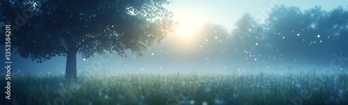 Serene landscape with a tree bathed in soft morning light and mist over lush green grass.