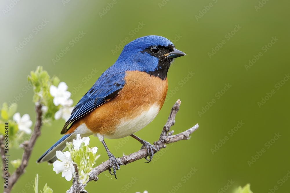 vibrant blue and orange bird perched on branch with delicate white flowers, showcasing nature beauty and tranquility vibrant blue and orange bird perched on branch with delicate white flowers, showcasing nature beauty and tranquility