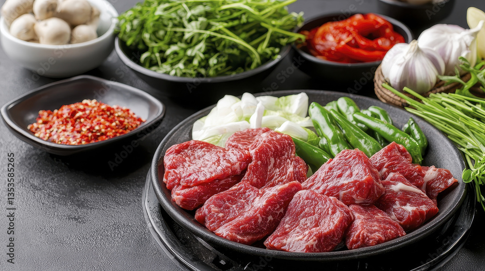 Fresh meat, vegetables, and herbs arranged on black plate, showcasing vibrant colors and textures, perfect for delicious meal preparation Fresh meat, vegetables, and herbs arranged on black plate, showcasing vibrant colors and textures, perfect for delicious meal preparation