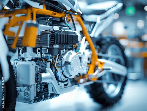 Disassembly of electric motorcycle engine workshop macro view high fidelity technical insight