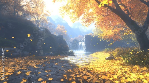Serene autumn landscape with colorful leaves, a gentle stream, and a distant waterfall amidst mountains.