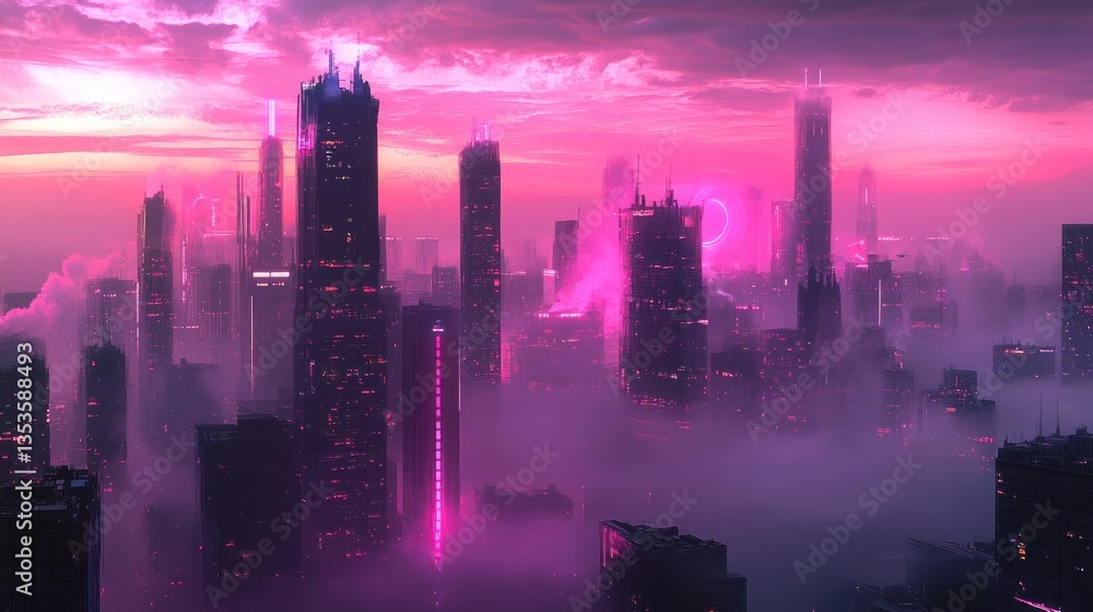 Fototapeta premium Cyberpunk Cityscape: Pink Sunset Skyline