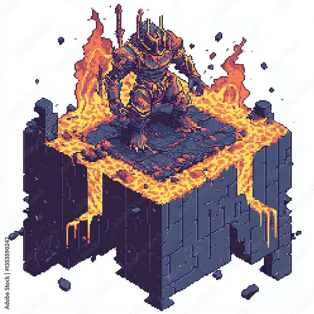 Naklejka premium Pixel Art Warrior Stands on Lava Platform Surrounded by Fire