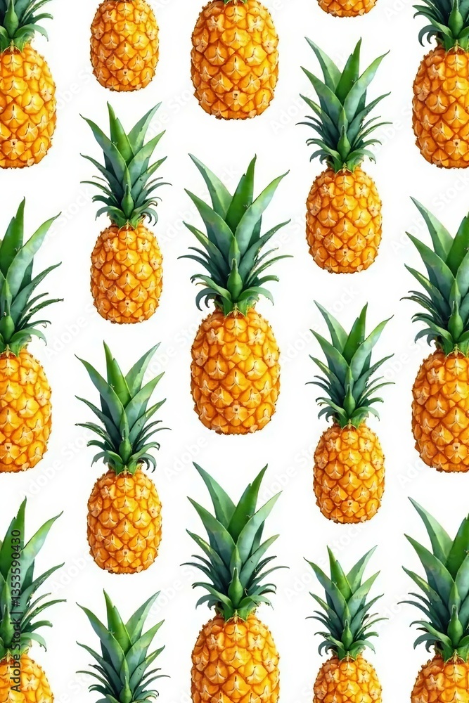 Repeat design featuring ripe pineapples on a white background, summer, fresh, food Repeat design featuring ripe pineapples on a white background, summer, fresh, food