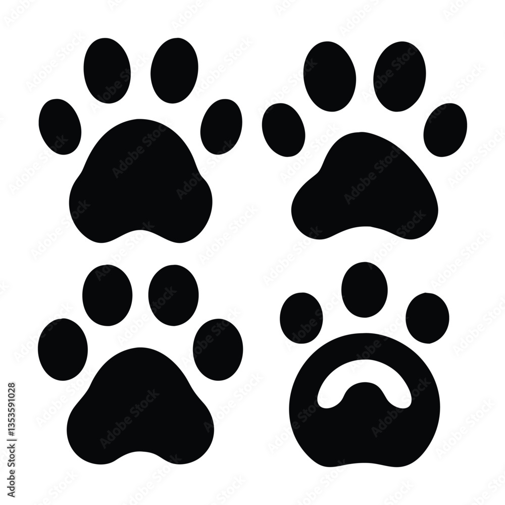 Fototapeta premium Four Simple Black Dog Paw Prints on White Background