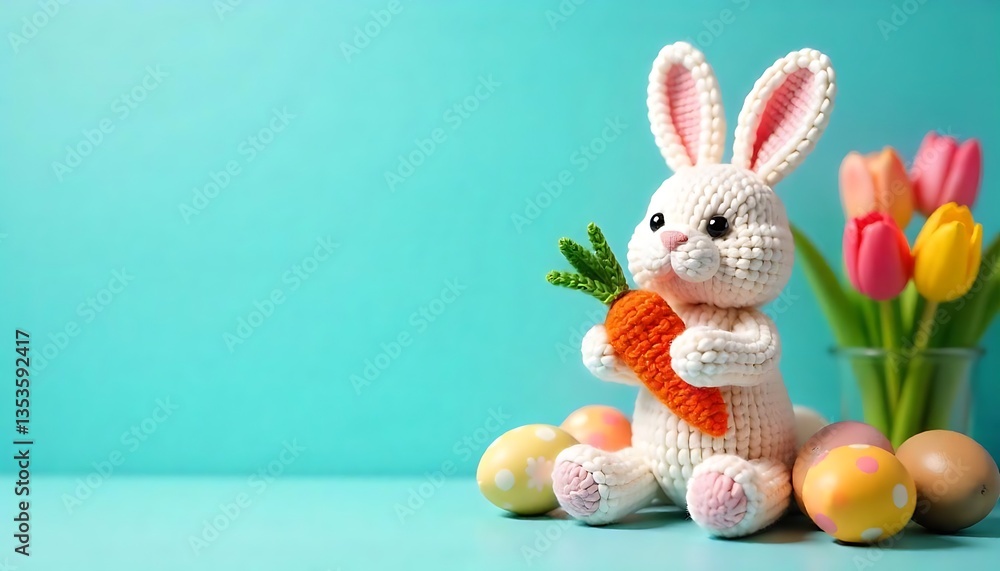 Fototapeta premium Knitted easter bunny holding a carrot with colorful easter eggs and tulips on a turquoise background generative ai