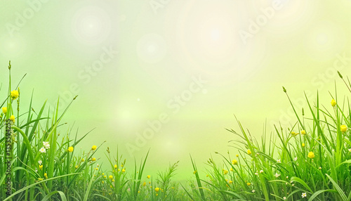 Lush green grass with yellow flowers in a serene natural background  