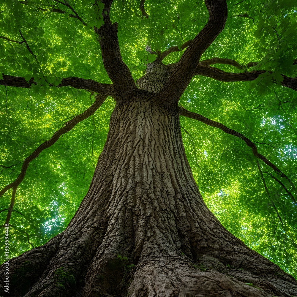 Naklejka premium Majestic Oak Tree Viewed from Below in Lush Forest