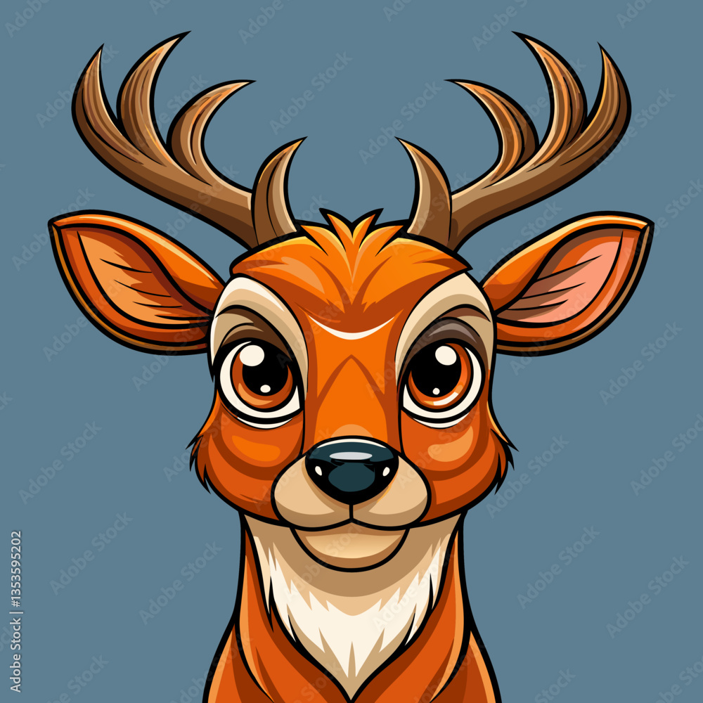 Obraz premium Cute Orange Deer with Antlers Cartoon Portrait, orange deer, cartoon portrait, antlered animal, cute expression, animal illustration, fantasy art, animated style, deer design, big eyes, digital draw