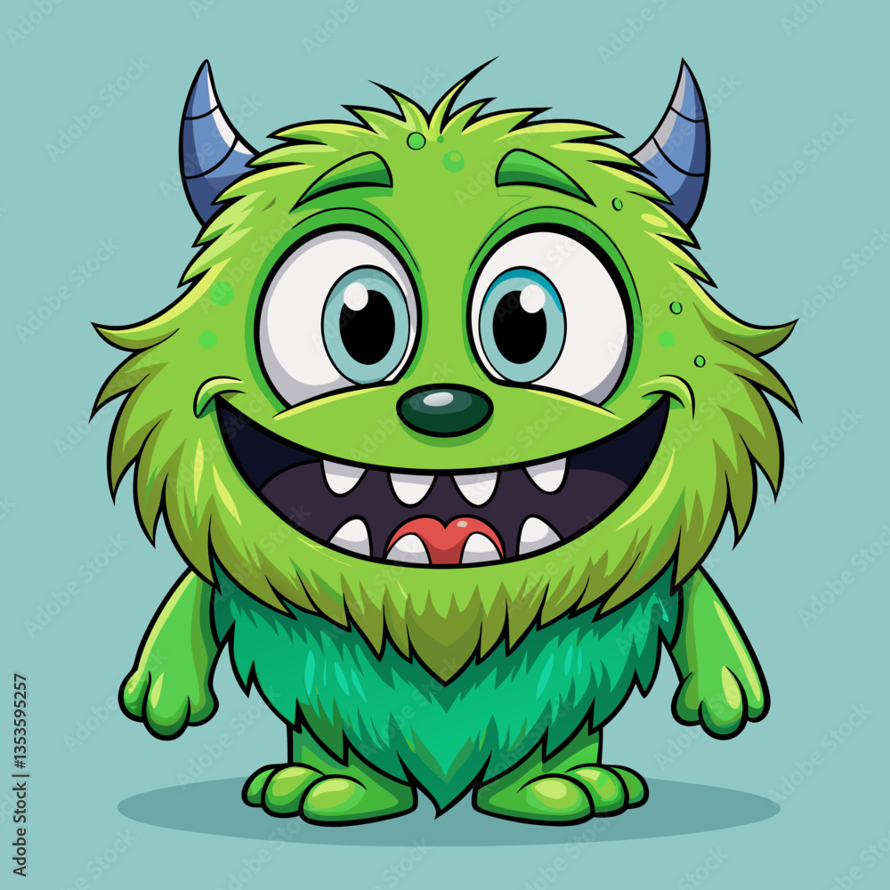 Fototapeta premium green monster, Cute Green Monster with Horns and Big Smile Cartoon Character, cartoon character, big smile, horned creature, cute design, fantasy art, animated style, monster illustration, wide eyes