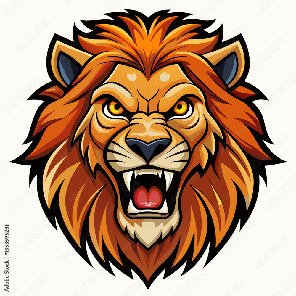 Fototapeta premium Fierce Orange Lion with Roaring Mane Cartoon Head Illustration, lion, orange, cartoon, head, fierce, roaring, mane, illustration, animal, fantasy, animated, design, sharp, digital, wild, colorful