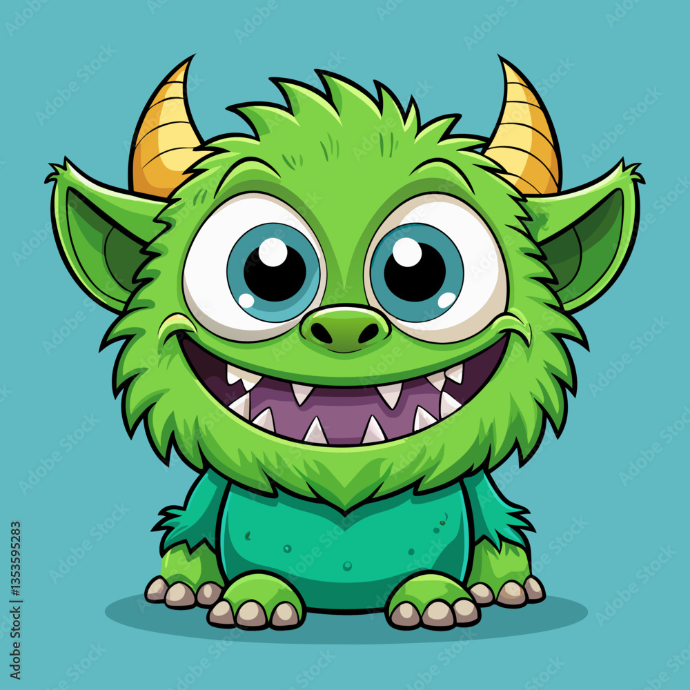 Fototapeta premium Cute Green Monster with Horns and Big Smile Cartoon Character, green monster, cartoon character, big smile, horned creature, cute design, fantasy art, animated style, monster illustration, wide eyes