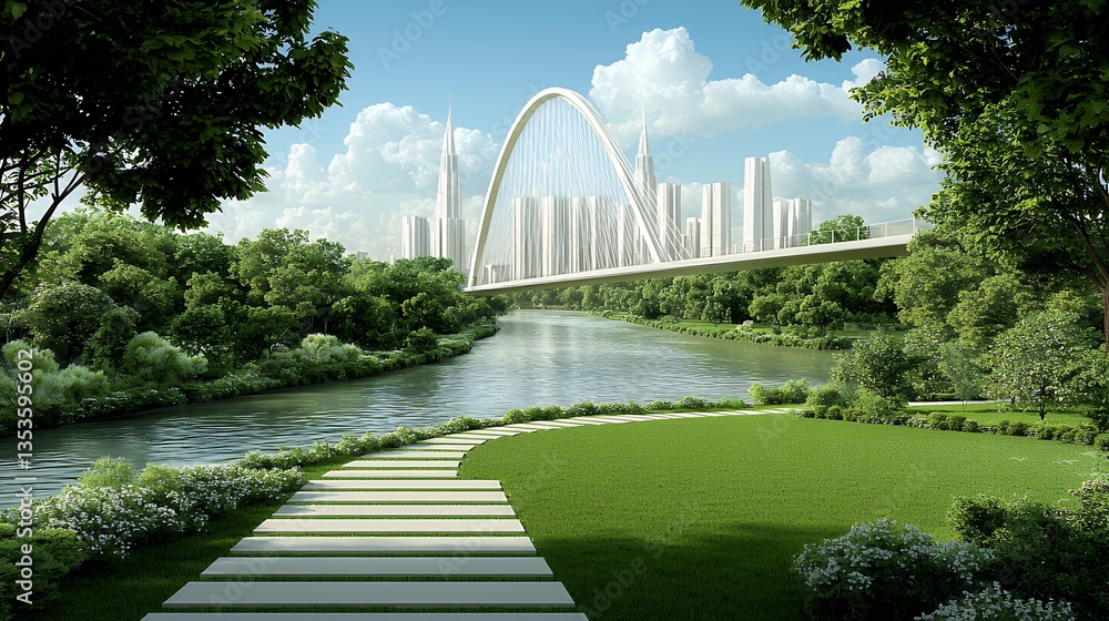 Fototapeta premium Tranquil River Park with Modern City Skyline and Ferris Wheel