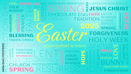 Easter banner, card. Happy Easter picture. Tag cloud with words easter, jesus christ, blessing, forgiveness, love, bunny