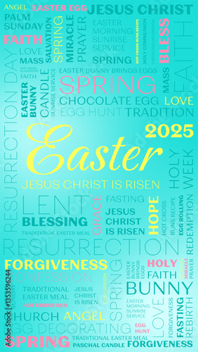 Easter banner, card. Happy Easter picture. Tag cloud with words easter, jesus christ, blessing, forgiveness, love, bunny