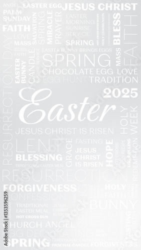 Easter banner, card. Happy Easter picture. Tag cloud with words easter, jesus christ, blessing, forgiveness, love, bunny