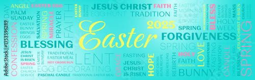 Easter banner, card. Happy Easter picture. Tag cloud with words easter, jesus christ, blessing, forgiveness, love, bunny
