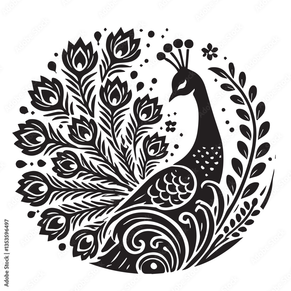 Peacock silhouette black and white vector icon Peacock silhouette black and white vector icon