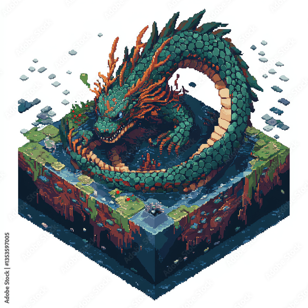 Fototapeta premium Pixel Art Dragon Coiled on Isometric Earth Block Surrounded by Water