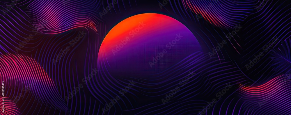 Orb radiates light amidst wavy, flowing lines in a dark futuristic landscape, creating a vibrant atmosphere Orb radiates light amidst wavy, flowing lines in a dark futuristic landscape, creating a vibrant atmosphere