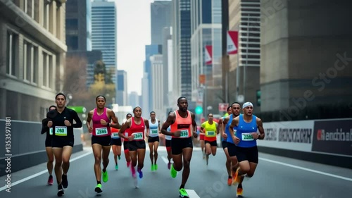 Marathon runners competing in a city race, athletes running on urban streets with skyscrapers in the background, professional endurance sports competition, fitness and stamina challenge