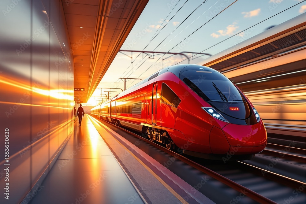 Naklejka premium Futuristic red high-speed train at modern platform in warm sunset light.