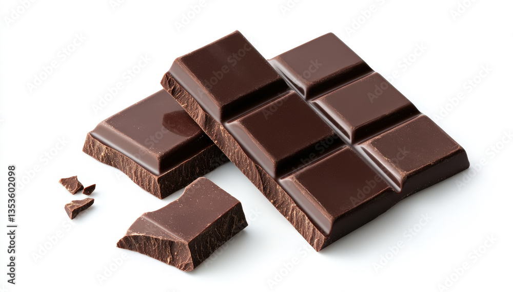 Delicious Dark Chocolate Bar Broken Pieces Isolated on White Background Sweet Treat Snack Food Delicious Dark Chocolate Bar Broken Pieces Isolated on White Background Sweet Treat Snack Food