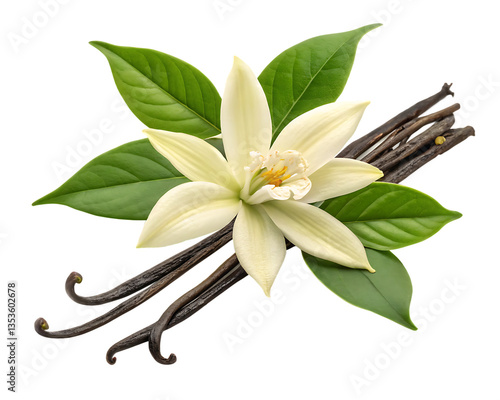Vanilla Flower with Pods and Green Leaves Isolated on White Background