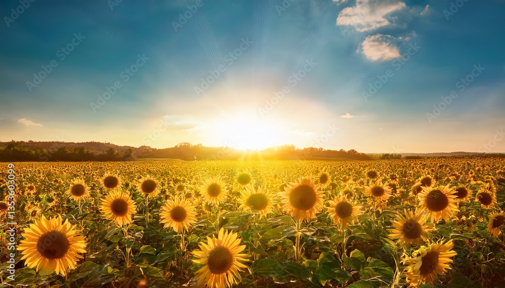 Obraz premium field sunflower with flare light on the sun