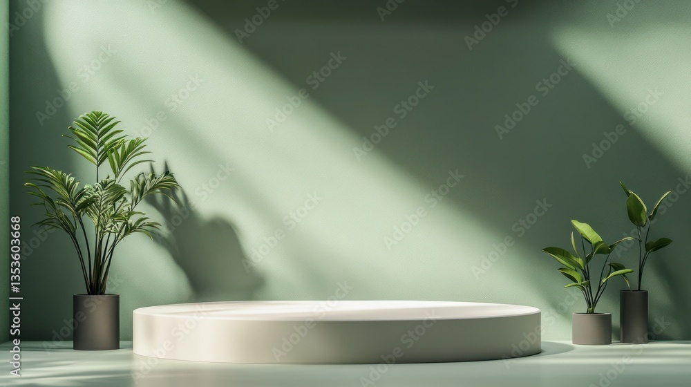 Minimalist Empty Round Display Platform, Sunlight, Plants Minimalist Empty Round Display Platform, Sunlight, Plants