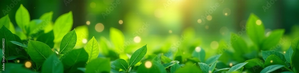 Obraz premium Soft focus green foliage with twinkling bokeh lights in a lush garden setting, bokeh, nature, green