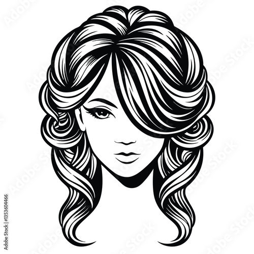 A simple and bold silhouette of a woman's face with long, wavy hair, outlined in black on a clean white background