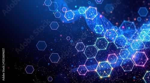 Wallpaper Mural  futuristic cyber-tech background featuring glowing, iridescent hexagons seamlessly morphing in an AI-driven data flow. Surrounded by shimmering particles, the vibrant neon hues pulse  Torontodigital.ca