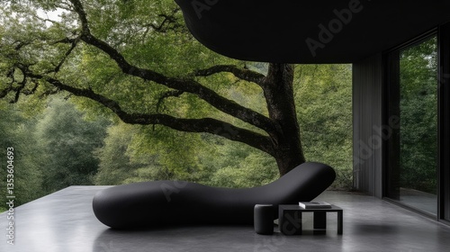 Modern, sleek chaise lounge on a patio overlooking a lush forest.  Dark gray, smooth, organic shapes complement the natural setting