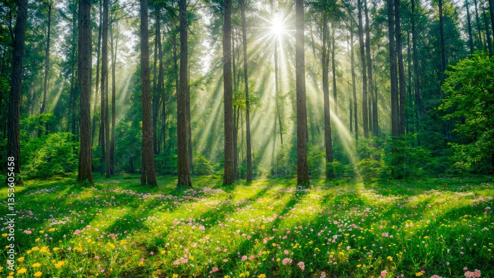 Fototapeta premium Enchanting Forest Path Through Bluebell Woods, Magical Spring Walk in Floral Paradise.