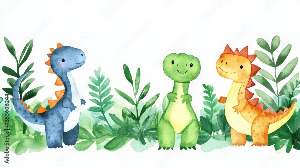Obraz premium Adorable Watercolor Dinosaurs in Lush Greenery: A Delightful Illustration of Three Cartoon Dinosaurs Surrounded by Vibrant Tropical Foliage