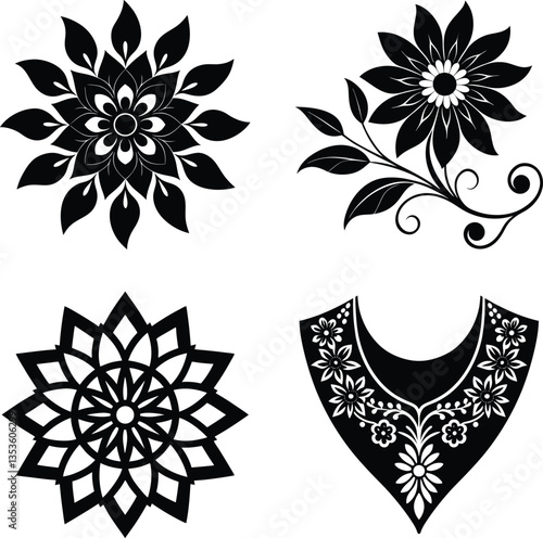 Black and white floral designs, mandala-inspired patterns, intricate geometric shapes, stylized lotus flowers, symmetrical motifs, decorative neckline embroidery, ornate circular patterns, delicate sw