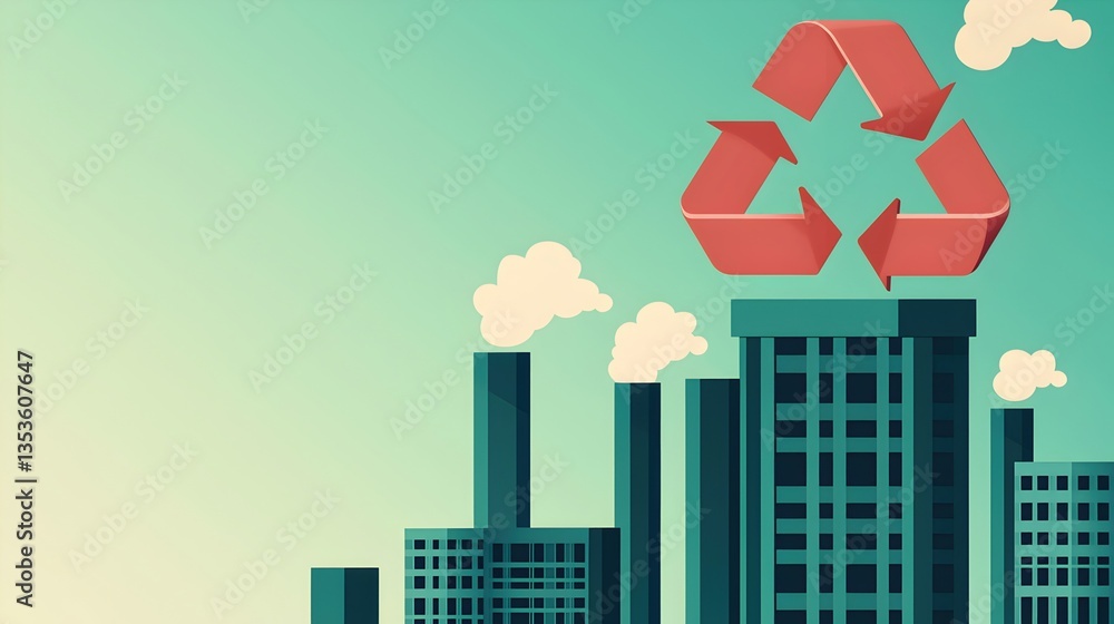 Obraz premium Urban Landscape with Recycling Symbol Above Eco-Friendly Building