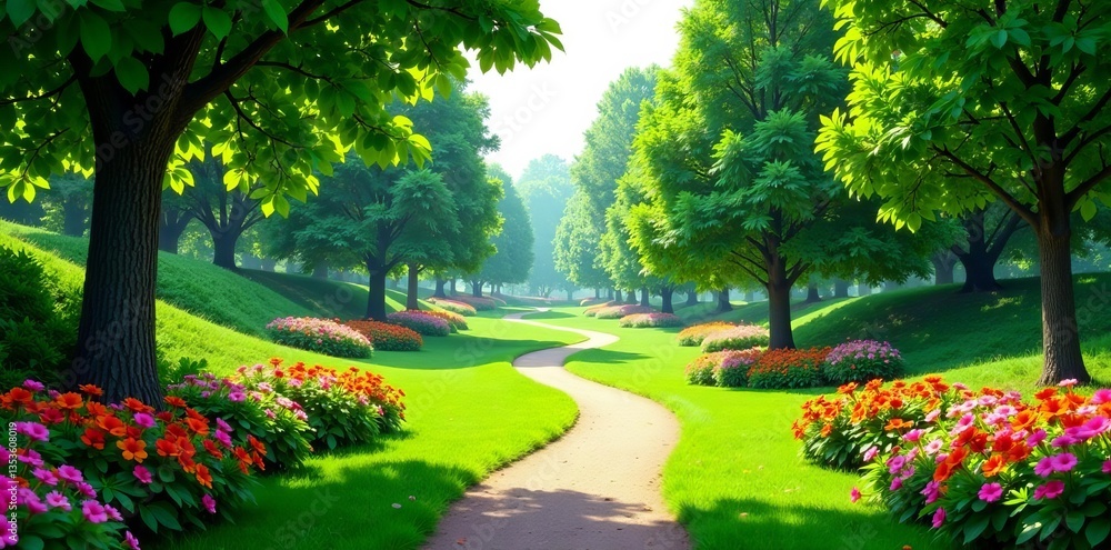 Obraz premium Stunning view of a lush green park with vibrant flowers and winding pathways, scenic, park bench, flowers