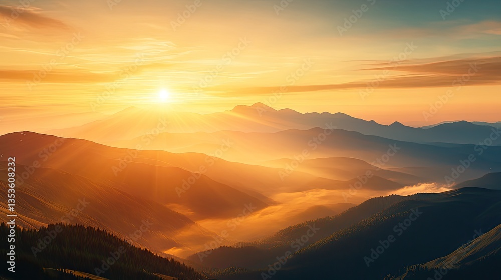 Obraz premium Serene Sunrise Over Majestic Mountain Range and Rolling Hills