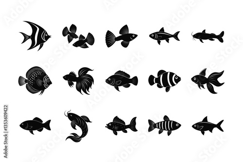 A collection of black silhouette vector illustrations featuring different species of fish, including tropical, freshwater, and ornamental aquarium fish, isolated on white background. Ideal for design