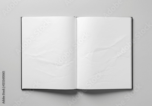 Unfilled white notebook pages with a slight wrinkle and soft lighting, presented in a flat lay studio shot for mockup use