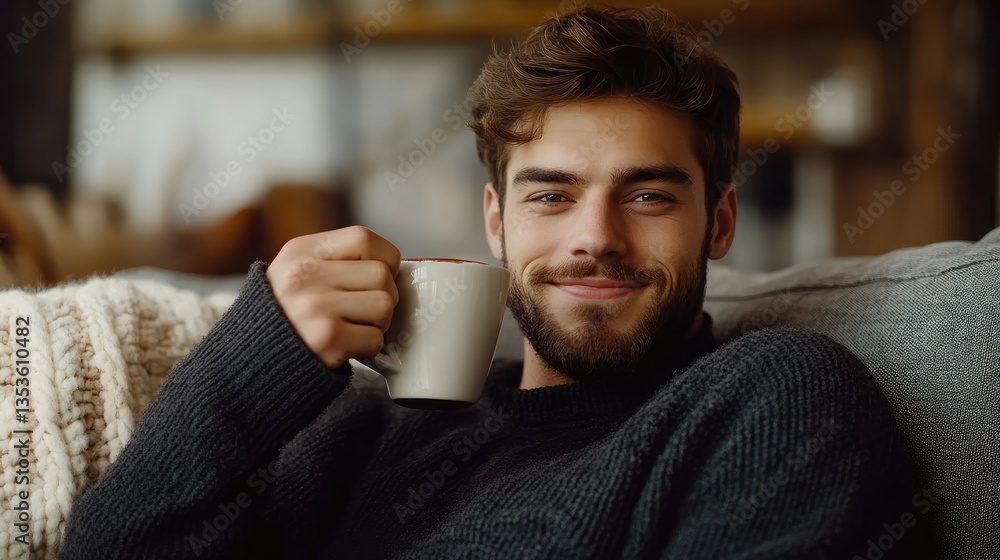 Young man enjoying a warm drink while relaxing on a cozy couch in a stylish living room with soft lighting Young man enjoying a warm drink while relaxing on a cozy couch in a stylish living room with soft lighting